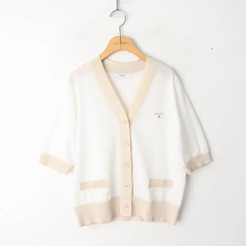 [BUNJANG] Hazzys White Color Block Cotton Blend Cardigan / 55/헤지스 화이트 컬러배색 면혼방 가디건