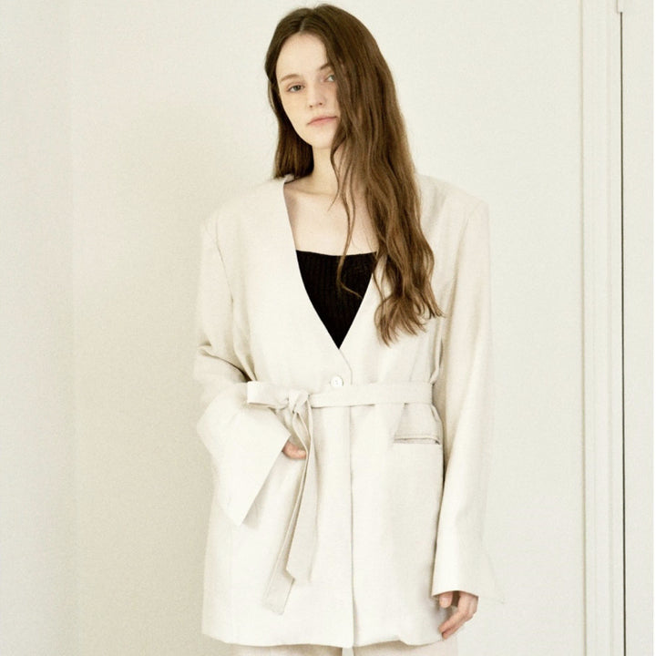 [BUNJANG] Roveni Linen Blend Belted V-Neck Oversized Jacket / 로베니 린넨 자켓