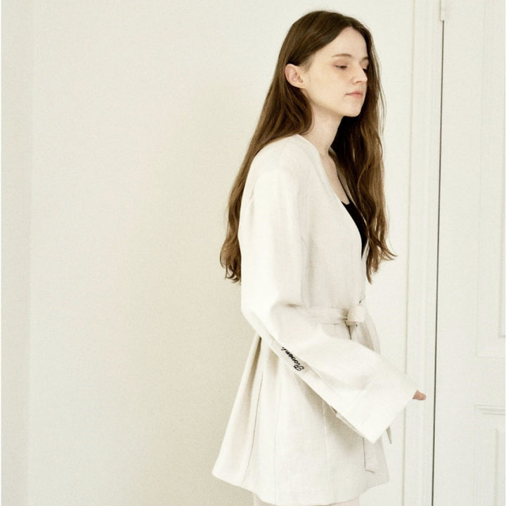 [BUNJANG] Roveni Linen Blend Belted V-Neck Oversized Jacket / 로베니 린넨 자켓
