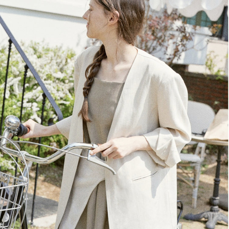 [BUNJANG] Roveni Linen Blend Belted V-Neck Oversized Jacket / 로베니 린넨 자켓