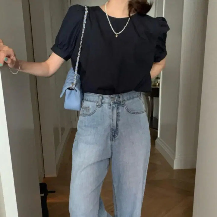 [BUNJANG] Navy Short-Sleeve Blouse with Back Ribbon / 백리본 네이비 반팔 블라우스