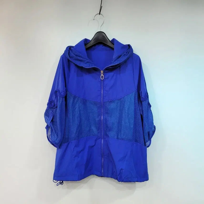 [BUNJANG] Blue Mesh Hooded 7/10 Sleeve Windbreaker Jacket / 블루 메쉬 후드 7부 바람막이 자켓