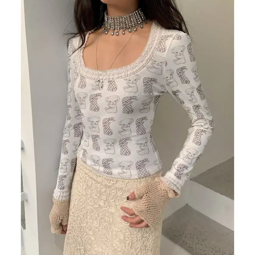 [BUNJANG] CHIPCHIP Lace Trim Wide Neck Long Sleeve Top / CHIPCHIP 칩칩샵 키치 레이스 트림 와이드넥 롱슬리브 탑