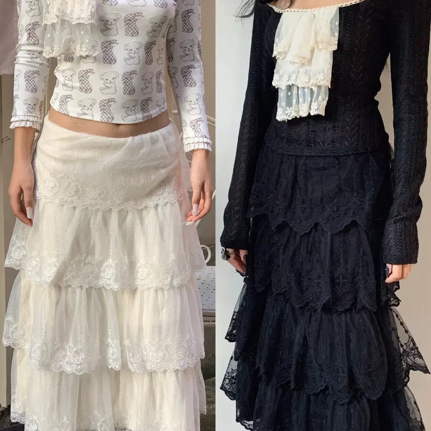 [BUNJANG] CHIPCHIP Retro Lace Multi-Layered Tiered Long Skirt / CHIPCHIP 칩칩샵 레트로 레이스 멀티레이어 캉캉 롱스커트