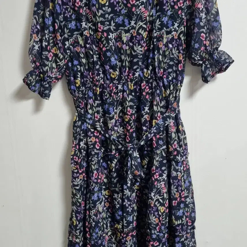 [BUNJANG] Navy Flower Pattern Chiffon Short Sleeve Dress / S (55) 네이비 플라워패턴 쉬폰 반팔 원피스