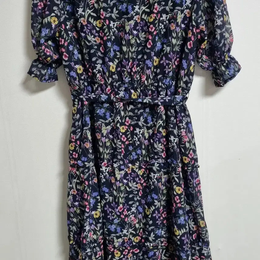 [BUNJANG] Navy Flower Pattern Chiffon Short Sleeve Dress / S (55) 네이비 플라워패턴 쉬폰 반팔 원피스