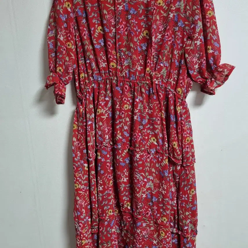 [BUNJANG] Red Flower Pattern Chiffon Short-Sleeve Dress / S (55) 레드 플라워패턴 쉬폰 반팔 원피스