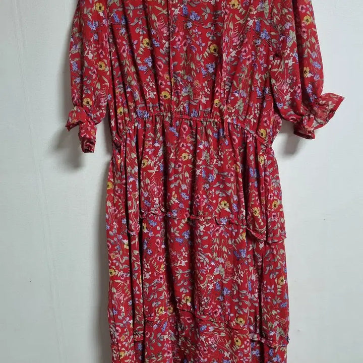 [BUNJANG] Red Flower Pattern Chiffon Short-Sleeve Dress / S (55) 레드 플라워패턴 쉬폰 반팔 원피스