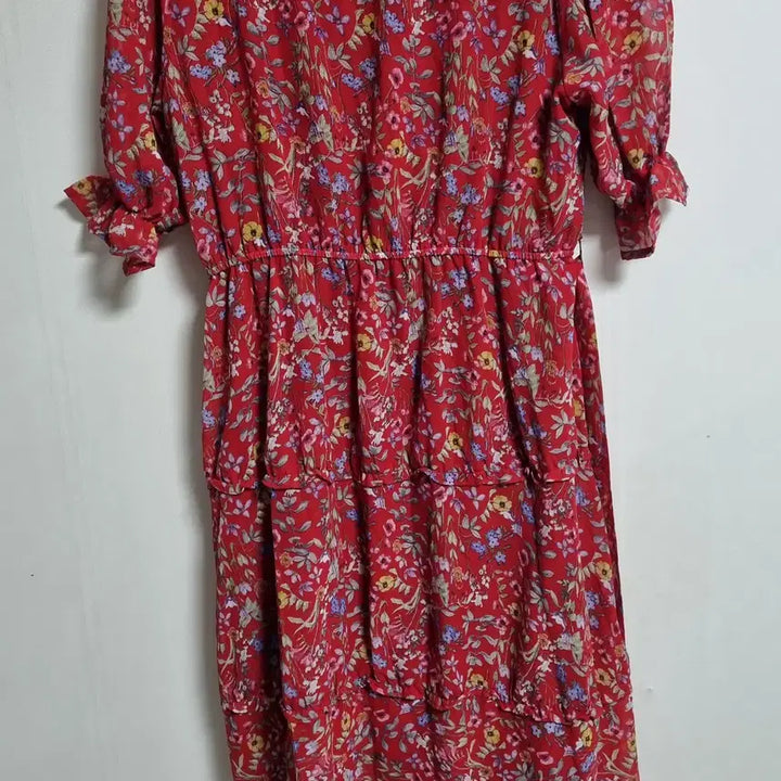 [BUNJANG] Red Flower Pattern Chiffon Short-Sleeve Dress / S (55) 레드 플라워패턴 쉬폰 반팔 원피스