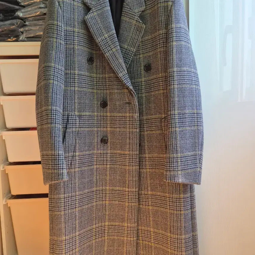 [BUNJANG] Customellow Check Double Long Coat / 커스텀멜로우 체크 더블 롱코트