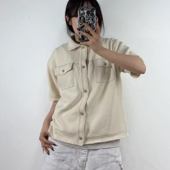 [BUNJANG] TONZ Stitch Point Short Sleeve Shirt E188 / 톤즈 스티치 포인트 반팔 셔츠 E188