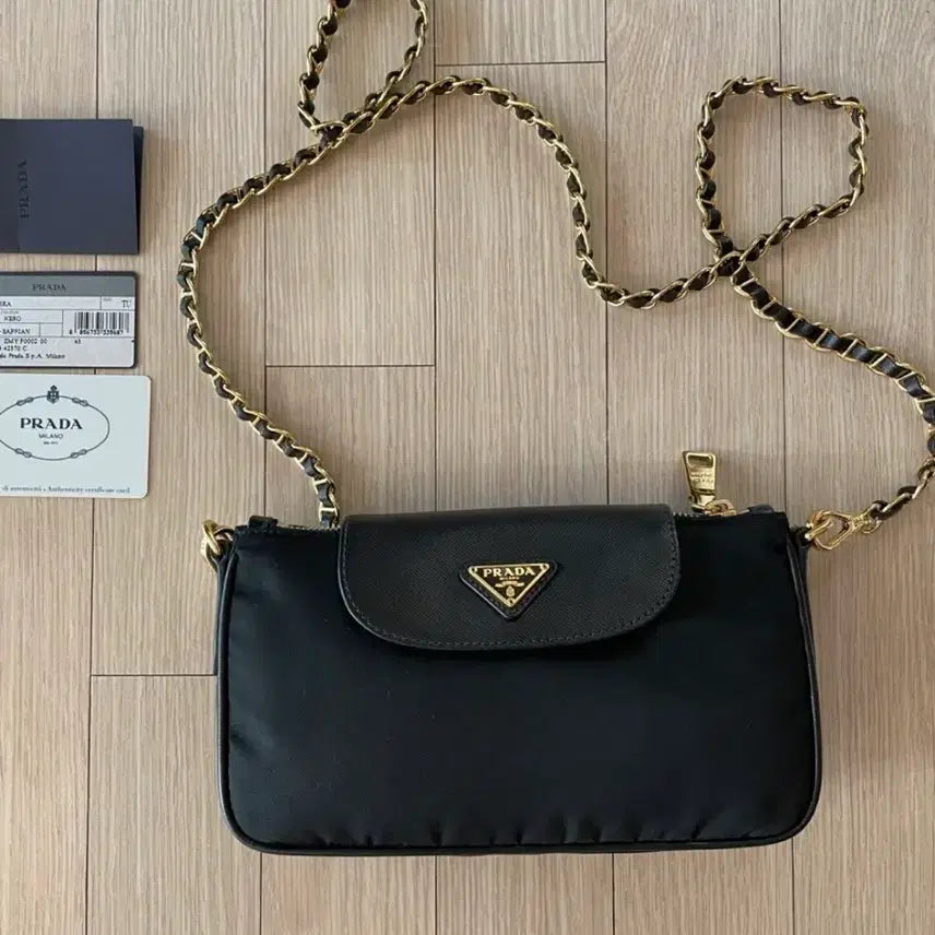 [BUNJANG] Prada Black Nylon Crossbody Bag with Gold Chain Strap / 프라다 블랙 체인 크로스백