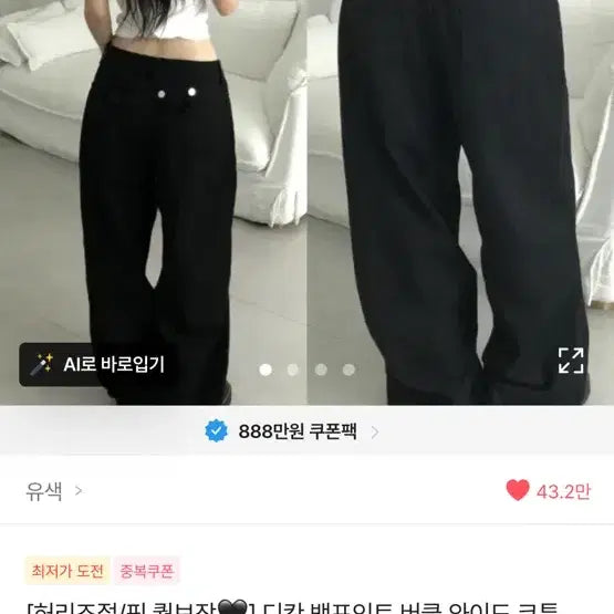 [BUNJANG] DICAN Buckle Wide Cotton Pants Black S / 에이블리 유색 디칸 백포인트 버클 와이드 코튼 팬츠 블랙 S