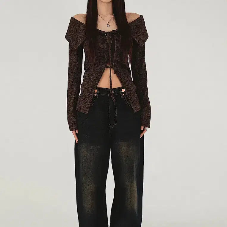 [BUNJANG] ANKA Bijou Button Detail Washed Wide Denim Pants (Dark Blue) / 앙카 비죠 단추 디테일 워싱 진청 와이드데님팬츠