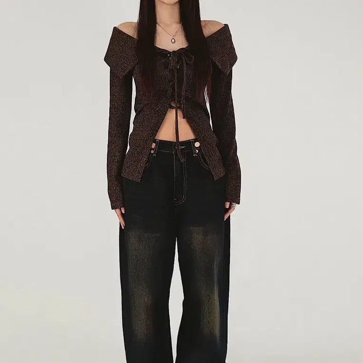 [BUNJANG] ANKA Bijou Button Detail Washed Wide Denim Pants (Dark Blue) / 앙카 비죠 단추 디테일 워싱 진청 와이드데님팬츠