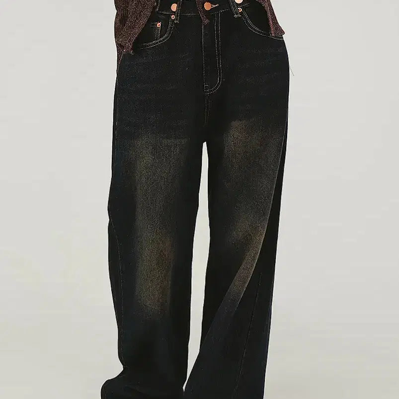 [BUNJANG] ANKA Bijou Button Detail Washed Wide Denim Pants (Dark Blue) / 앙카 비죠 단추 디테일 워싱 진청 와이드데님팬츠