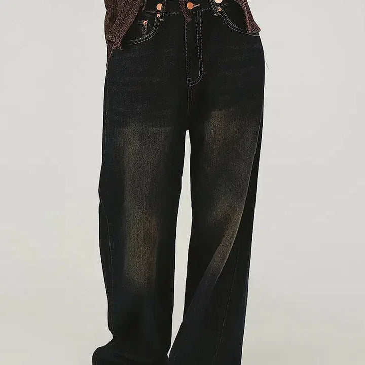 [BUNJANG] ANKA Bijou Button Detail Washed Wide Denim Pants (Dark Blue) / 앙카 비죠 단추 디테일 워싱 진청 와이드데님팬츠