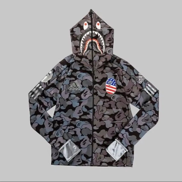 [BUNJANG] BAPE x Adidas Camo Shark Zip-Up Hoodie Black / 베이프x아디다스 카모 샤크 후드집업 흑계
