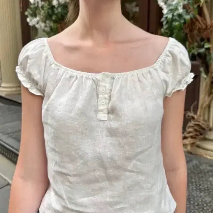 [BUNJANG] Brandy Melville White Linen Puff Sleeve Blouse / 브랜디멜빌 화이트 린넨 퍼프 블라우스