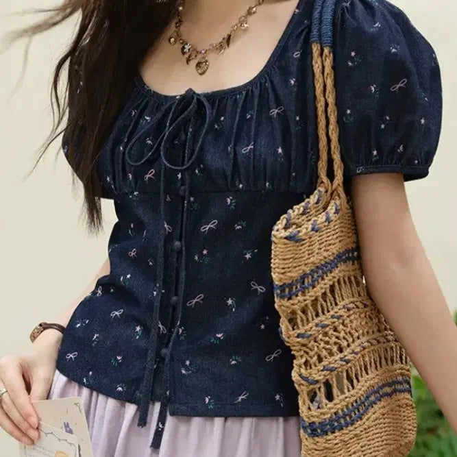 [BUNJANG] Floral Ribbon Denim Blouse Puff Short Sleeve / (새상품) 플라워 리본 데님 블라우스 퍼프 반팔