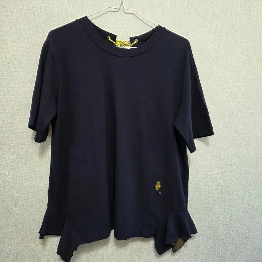 [BUNJANG] Lucky Chouette Navy Ruffle Short Sleeve T-Shirt / 럭키슈에뜨 네이비 프릴 반팔 티셔츠