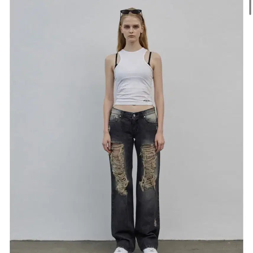 [BUNJANG] Bohemian Seoul Damage Wide Denim Pants Grey / 보헤미안서울 데미지 와이드 데님 팬츠 그레이s