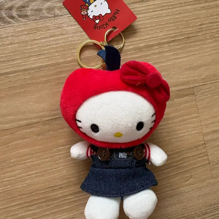 [BUNJANG] Hello Kitty Red Riding Hood Apple Denim Plush Keychain / 헬로키티 빨간망토 사과 데님 인형 키티