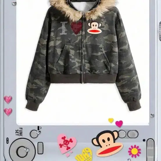 [BUNJANG] Paul Frank Camo Fuzzy Hoodie Zip-Up / 폴프랭크 카모 털 후드집업