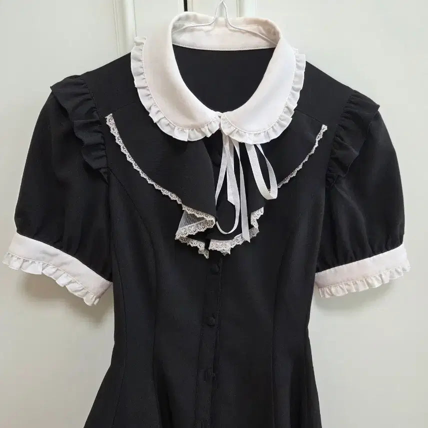 [BUNJANG] Secret Honey Ruffle Short Sleeve Setup Black / 시크릿허니 러플 반팔 셋업 블랙 | 양산형 지뢰계 양지뢰