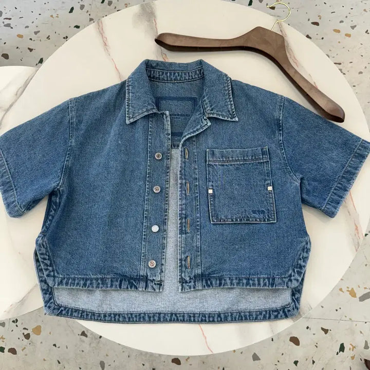 [BUNJANG] Wooyoungmi 23ss Back Logo Denim Short Sleeve Shirt / [정품] 23ss 우영미 백로고 데님 반팔 셔츠 청자켓