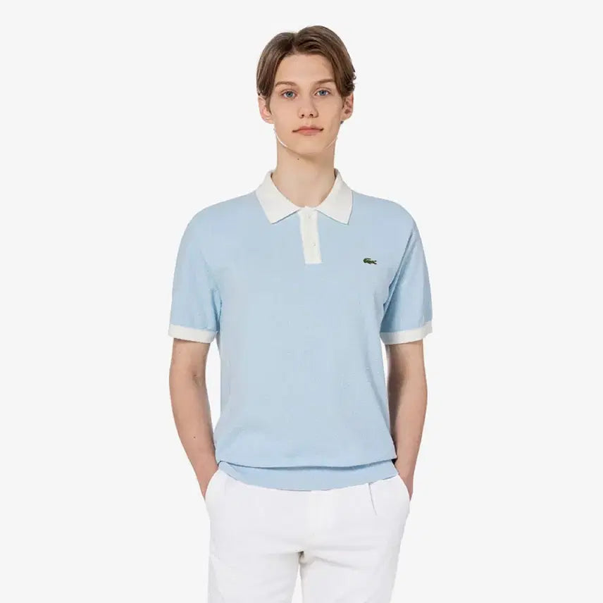 [BUNJANG] Lacoste Cotton Blend Open Collar Short Sleeve Sweater - Light Blue / 미개봉 라코스테 부클 스웨터 폴로 반팔 100 라이트블루
