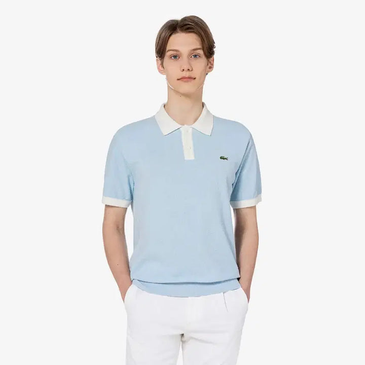 [BUNJANG] Lacoste Cotton Blend Open Collar Short Sleeve Sweater - Light Blue / 미개봉 라코스테 부클 스웨터 폴로 반팔 100 라이트블루
