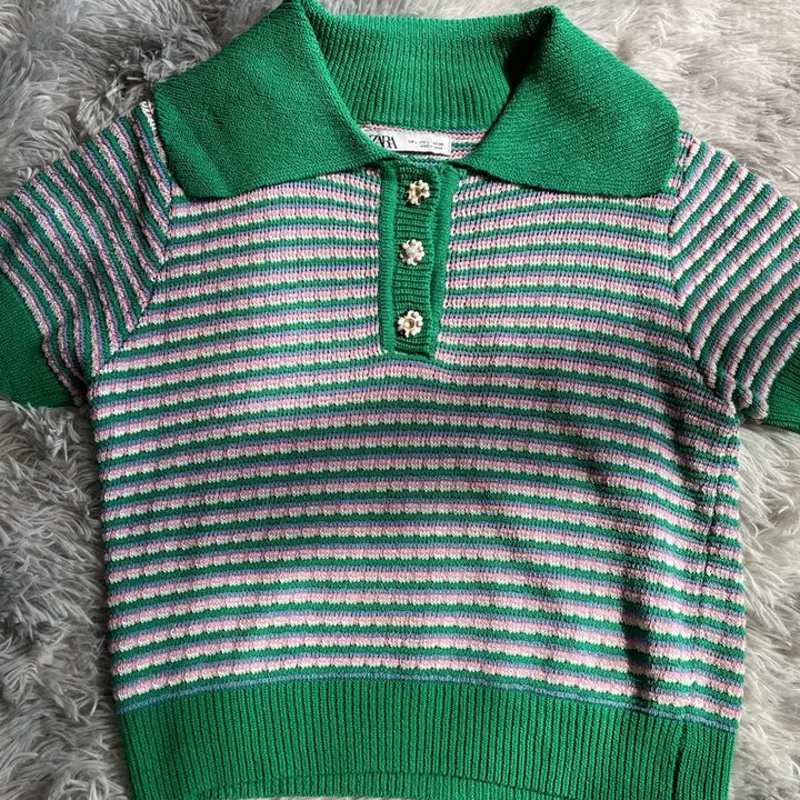 [BUNJANG] Zara Green Stripe Knit Cardigan / 자라 그린 스트라이프 니트 탑