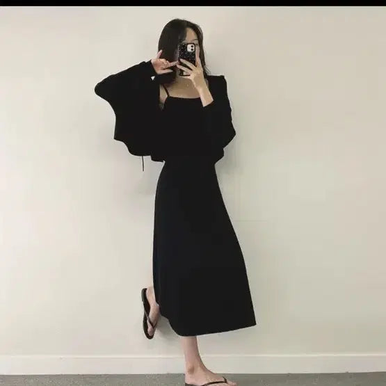 [BUNJANG] Black Long Dress + Hooded Cardigan Set / 블랙 롱 원피스 + 후드가디건 세트