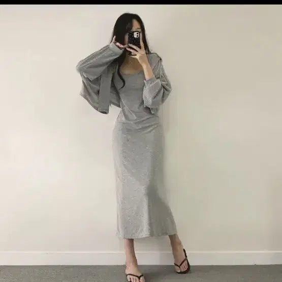 [BUNJANG] Black Long Dress + Hooded Cardigan Set / 블랙 롱 원피스 + 후드가디건 세트