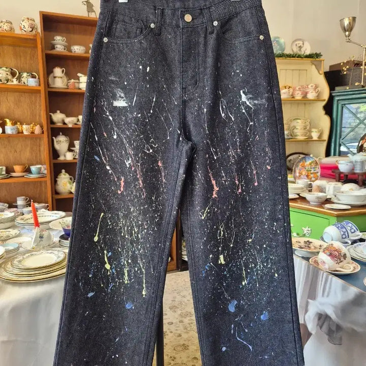 [BUNJANG] Unwashed Denim Wide Pants with Painting / 페인팅  생지 데님 와이드 팬츠