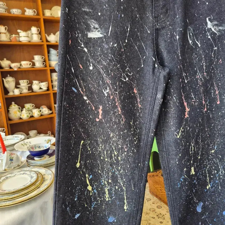 [BUNJANG] Unwashed Denim Wide Pants with Painting / 페인팅  생지 데님 와이드 팬츠