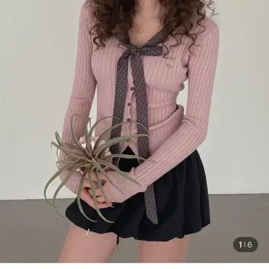 [BUNJANG] Check Ribbon V-Neck Pink Knit Cardigan / 체크 리본 브이넥 핑크 니트 가디건