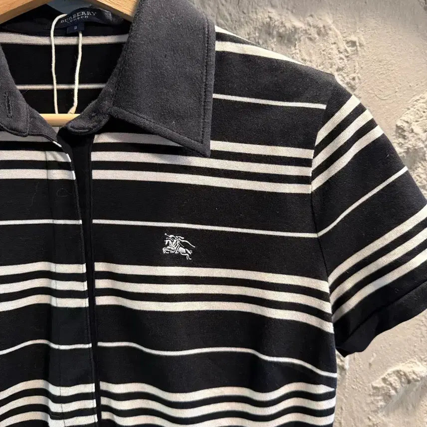 [BUNJANG] Burberry London Stripe Half-Zip Polo Shirt Black / 2 버버리BURBERRY 런던 스트라이프 반팔 집업 카라티 블랙