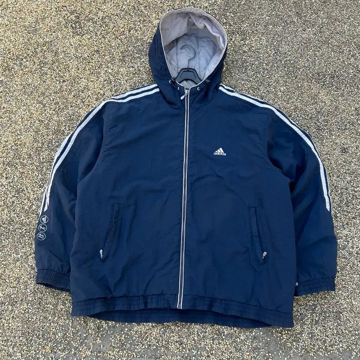 [BUNJANG] Adidas Navy Side Line Hooded Windbreaker / 아디다스 네이비 사이드 라인 후드 바람막이