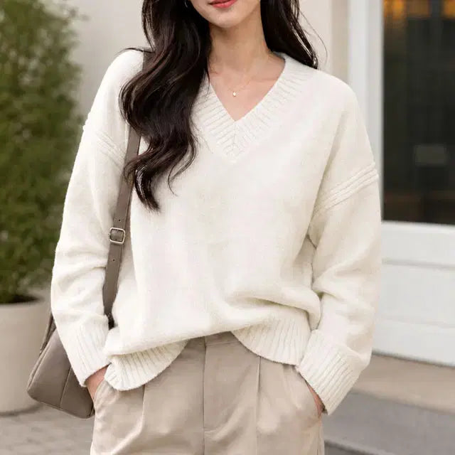 [BUNJANG] Ssashop ST123 V-Neck Knit Pullover - Ivory / 쎄샵 ST123 도톰 브이넥니트 플오버 아이보리 FREE5566-1개