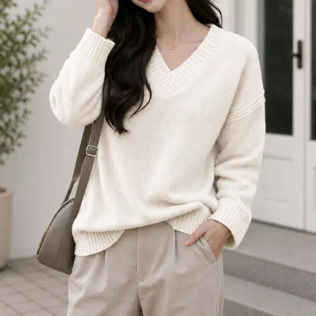 [BUNJANG] Ssashop ST123 V-Neck Knit Pullover - Ivory / 쎄샵 ST123 도톰 브이넥니트 플오버 아이보리 FREE5566-1개