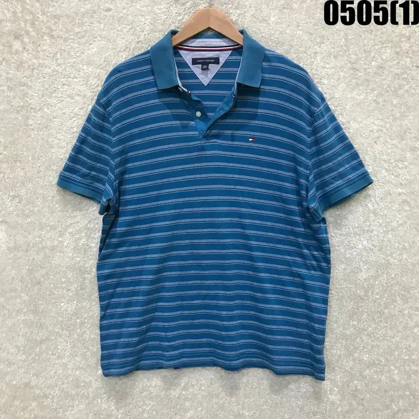 [BUNJANG] Tommy Hilfiger Striped Short Sleeve Polo Shirt Blue XL / 타미힐피거 스트라이프 반팔 카라티 블루 XL