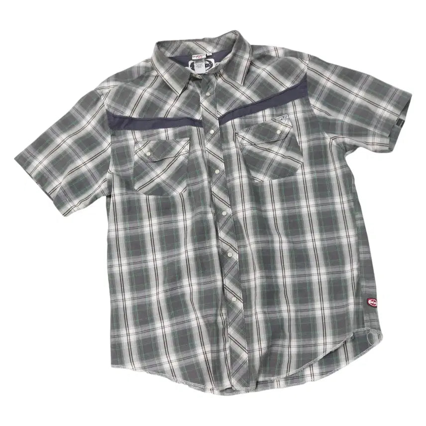 [BUNJANG] Split Vintage Grey Green Check Western Short Sleeve Shirt (L) / Split 스플릿 빈티지 그레이 그린 체크 웨스턴 반팔셔츠 (L)