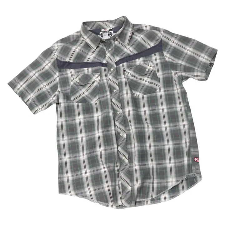 [BUNJANG] Split Vintage Grey Green Check Western Short Sleeve Shirt (L) / Split 스플릿 빈티지 그레이 그린 체크 웨스턴 반팔셔츠 (L)