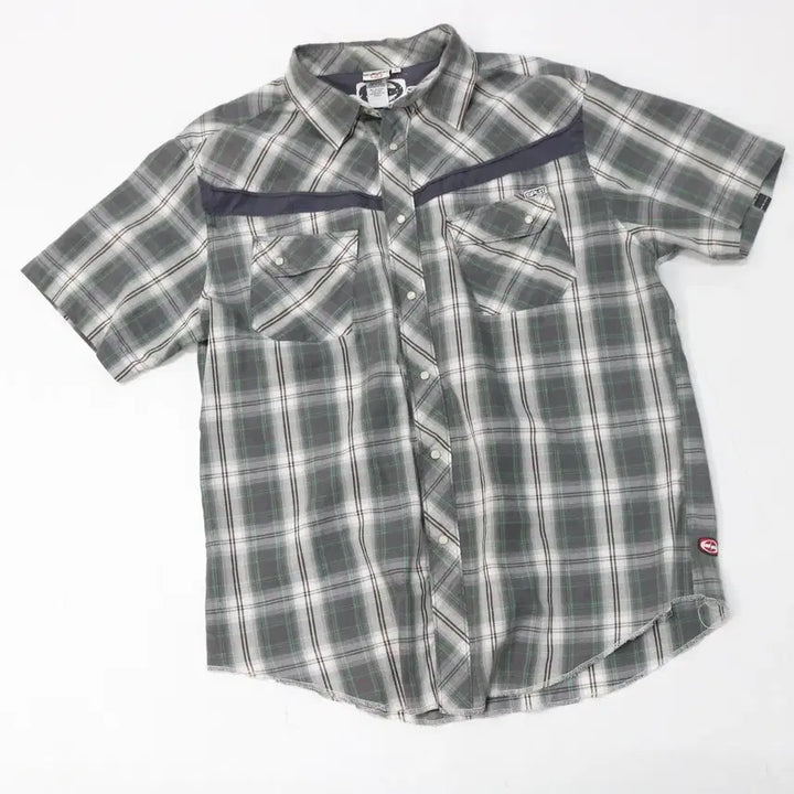 [BUNJANG] Split Vintage Grey Green Check Western Short Sleeve Shirt (L) / Split 스플릿 빈티지 그레이 그린 체크 웨스턴 반팔셔츠 (L)