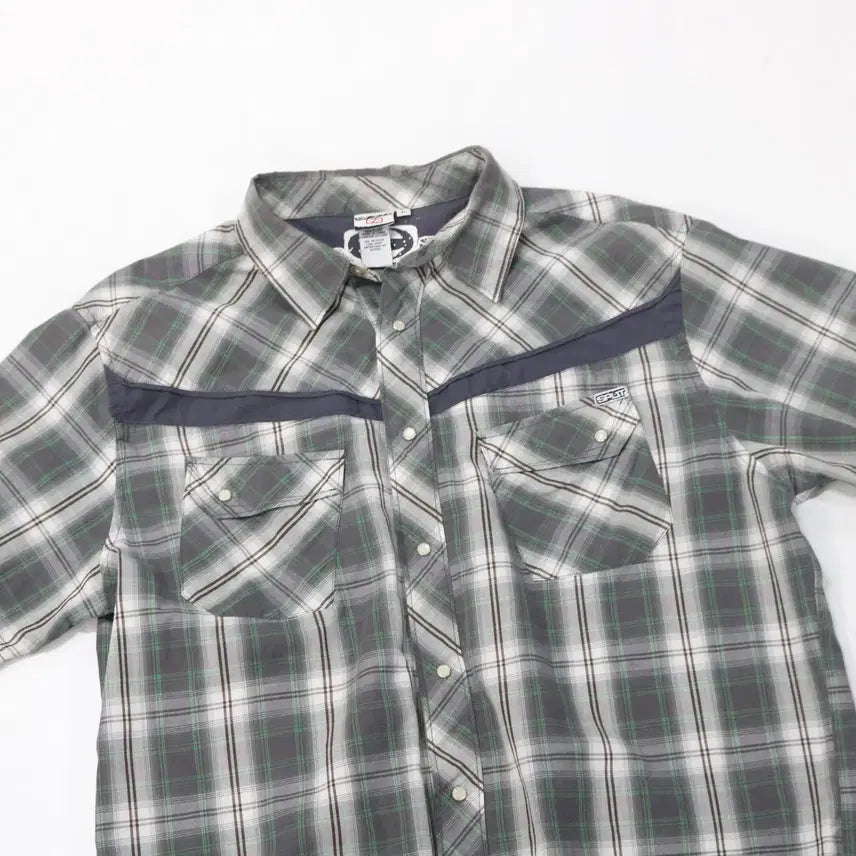 [BUNJANG] Split Vintage Grey Green Check Western Short Sleeve Shirt (L) / Split 스플릿 빈티지 그레이 그린 체크 웨스턴 반팔셔츠 (L)