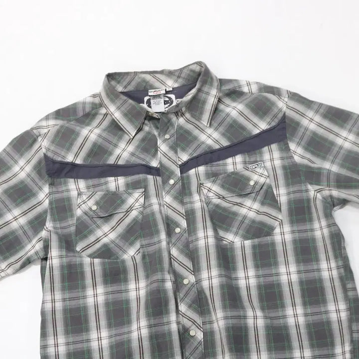 [BUNJANG] Split Vintage Grey Green Check Western Short Sleeve Shirt (L) / Split 스플릿 빈티지 그레이 그린 체크 웨스턴 반팔셔츠 (L)