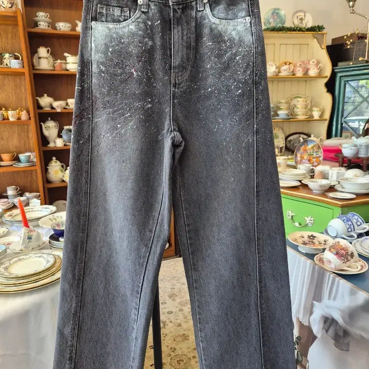 [BUNJANG] Black Washing Splash Denim Wide Pants / 블랙 워싱 스플래쉬 데님 와이드 팬츠
