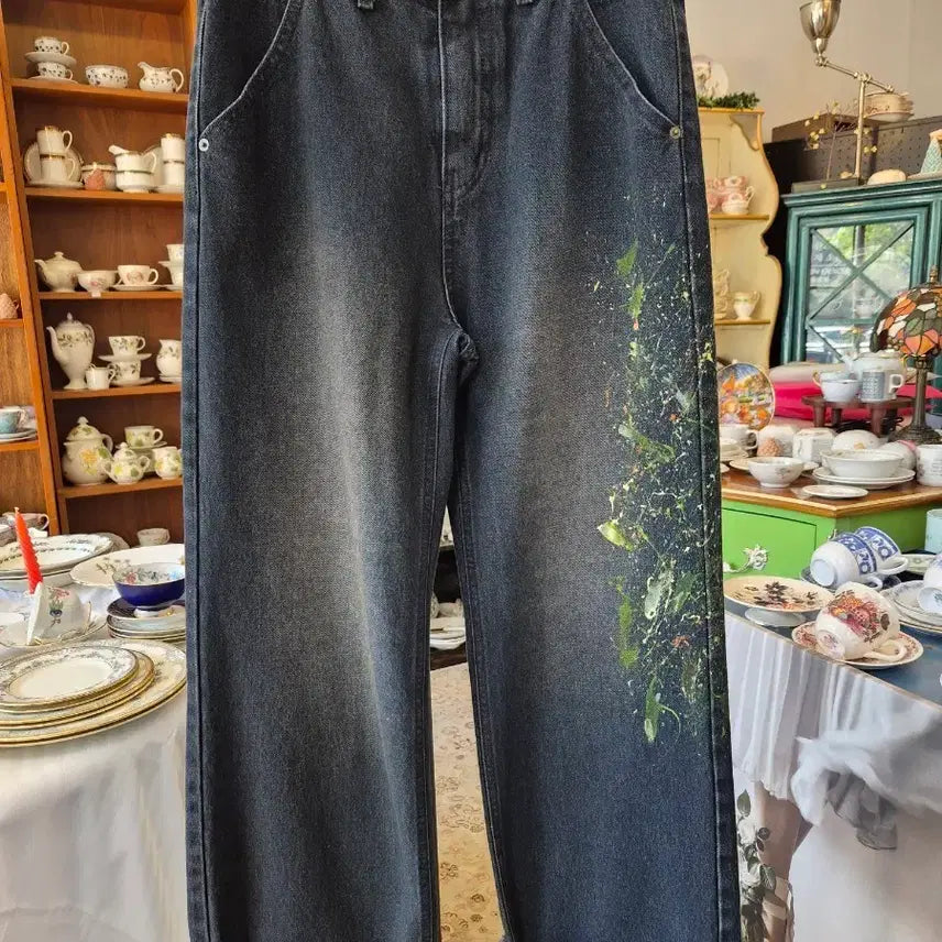[BUNJANG] Painting Vintage Washed Denim Wide Pants / 페인팅 빈티지 워싱 데님 와이드 팬츠